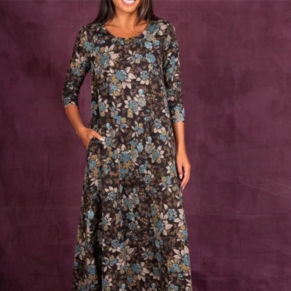 NATURAL LIFE Knit Maxi Dress S/M Brown Floral Casual T-shirt Dress